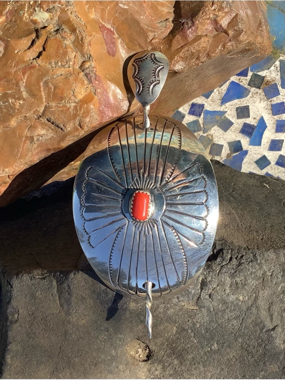 Coral and Sterling Hair Clip Native Made